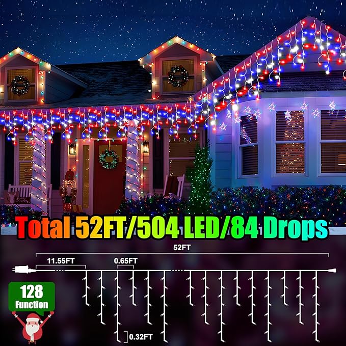 RGB Ice Lights Outdoor, 52FT 504 LED Color Changing Christmas Lights,16 Colors 128 Function 8 Modes Timers Waterproof, Plug in Hanging Light for House, Garden, Outdoor Christmas Decor