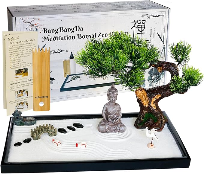 BangBangDa Japanese Zen Garden Kit for Desk - Meditation Rock Sand Garden for Birthday Gift Office Home Desktop Relaxation Decor Bamboo Rakes Bonsai Tree Pagoda Accessories Tools Kits