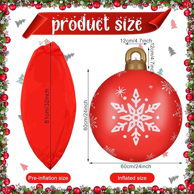 Jetec 4 Pcs Giant Inflatable Christmas Ball Large Xmas Inflatable Ornaments PVC Outdoor Holiday Blow Ball Outside Yard Lawn Porch Decorations (Cute,Mixed Red Green)