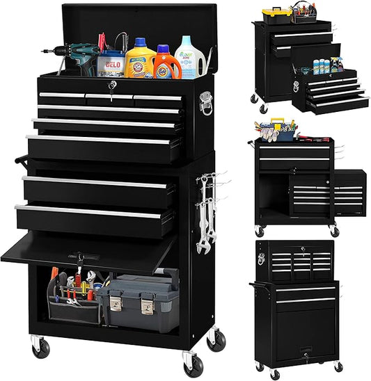 Bonusall 8-Drawer Rolling Tool Chest and Cabinet Combo,Heavy-Duty Metal Garage Tool Chest with Wheels,2-in-1 Top Chest and Roller Cabinet Combo for Garage, Workshop, Warehouse, Black