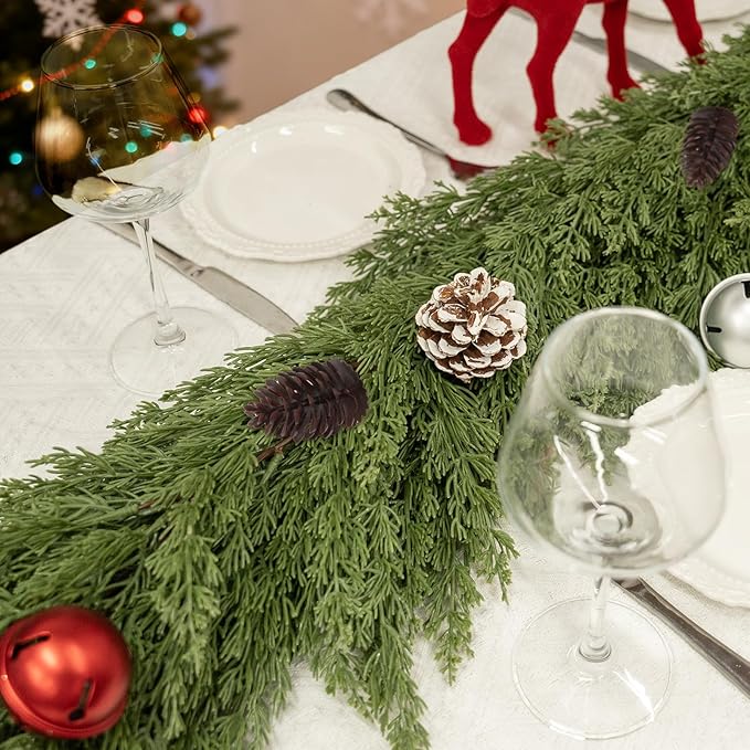 6FT Artificial Cedar Christmas Garland for Mantle Christmas Decorations Real Touch Realistic Greenery Faux Pine Garlands for Xmas Home Decoration Fake Winter Indoor Outdoor Garland Door Decor