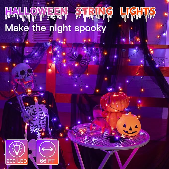 66FT 200 LED Halloween Lights, Orange + Purple Halloween Lights Outdoor with 8 Lighting Modes, Waterproof String Lights for Halloween Christmas Outdoor Party Yard Garden Decoration