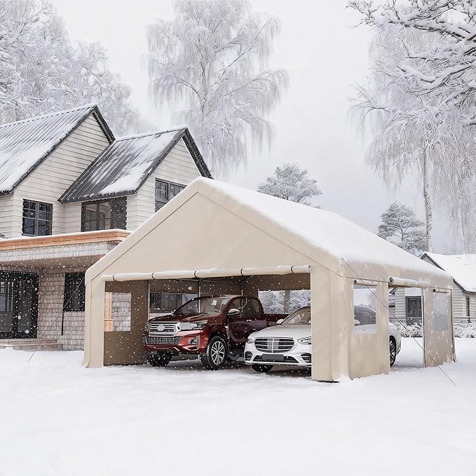 20x20ft Heavy Duty Carport, Canopy with Roll-up Ventilated Windows & Side Door All Weather, Easy Assembly Portable Car Shelter for Garage/Storage/Party