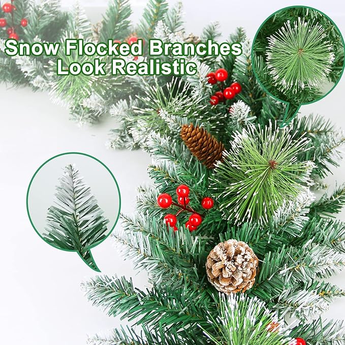 9FT Flocked Christmas Garland with 100 Lights for Mantle - Prelit Christmas Garland Lighted Xmas Garland Pine Cone Berry Cebar Garland Lights with Timer Outdoor Indoor Decorations
