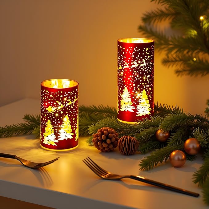Christmas Decorations Indoor,Mercury Glass Lights with Timer,Battery Powered Fairy Light,LED Latern with Christmas Tree Deer Carvings, Lamps for Table Decor Home Centerpiece (Red)