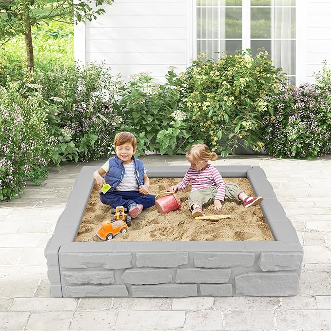 HONEY JOY Sandbox with Cover, 47 x 47 Inch Square Sand Pit for Backyard, Bottom Drainage Oxford Liner, HDPE Playful All Weather Resistant Sand Boxes for Kids Outdoor with Lid (Gray)