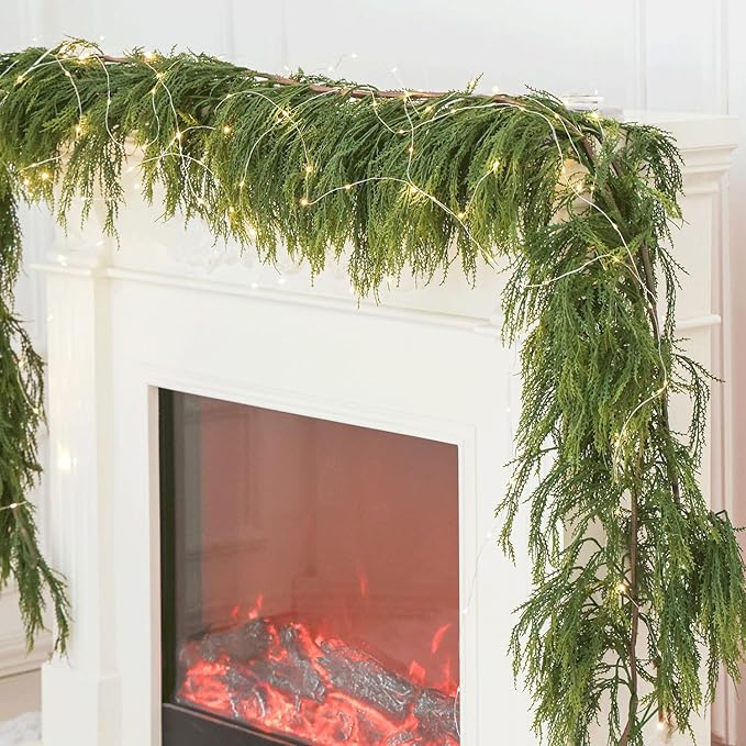 9ft Handmade Christmas Garland,Cedar Artificial Greenery with LED Lights,Seasonal Garland for Fireplace Indoor Outdoor Winter Holiday Decoration