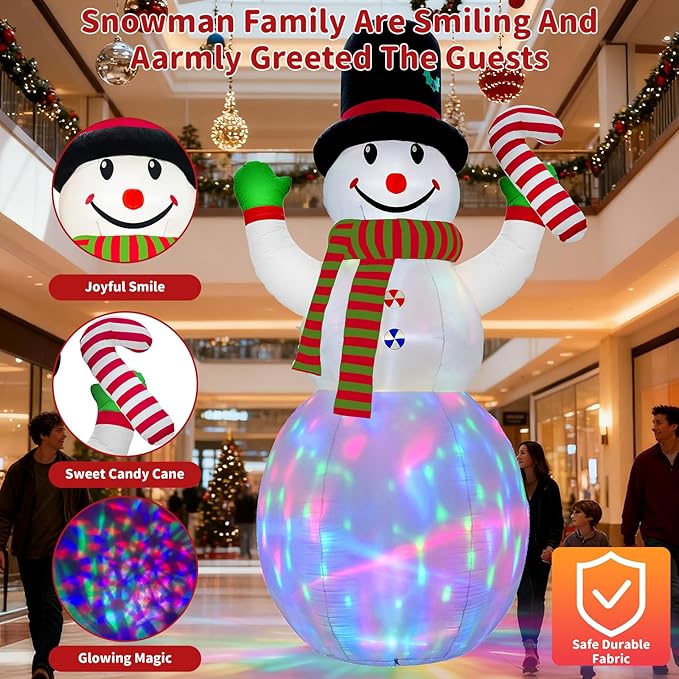 12FT Christmas Inflatables Snowman Outdoor Decorations, Giant Christmas Blow Up Snowman Inflatable in Waving Pose with Candy Cane, Rotating Colorful LED Light for Holiday Party Garden Yard Deco