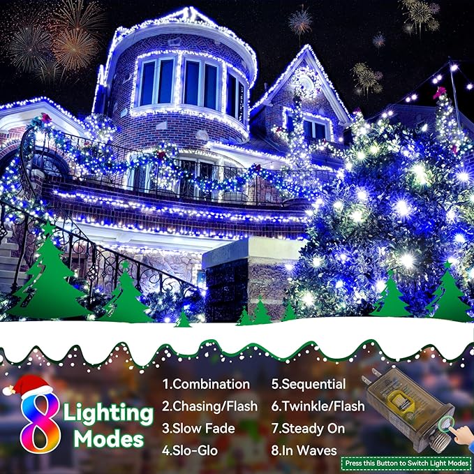 Heceltt Christmas Lights Outdoor, 403FT 1000 LED String Lights 8 Modes and Timer Memory Function Twinkle Fairy Lights IP44 Waterproof Plug in for Xmas Tree Wedding Party Holiday Decor(Blue and White)