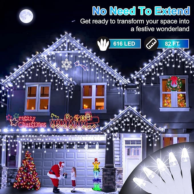 82 FT Outdoor Christmas Lights with 176 Drops, Christmas Decorations Fairy Lights 616 LED 8 Modes, Plug in Waterproof Hanging String Lights for Home Xmas Tree Yard Wedding Party Cool White