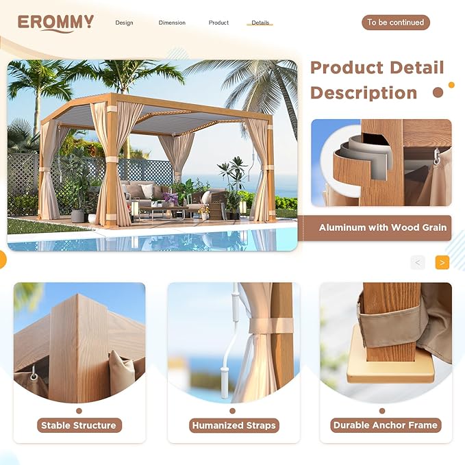 EROMMY Louvered Pergola 11'x13' Outdoor Hard Top Mansard Roof Gazebo with Aluminum Wooden Grain Frame and Adjustable Metal Rainproof Roof for Garden & Patio, Curtains and Netting Included, Wood Grain