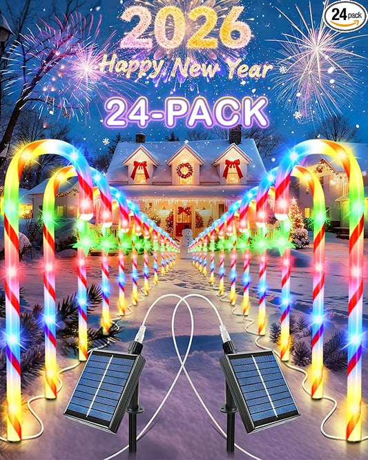 Anordsem Solar Christmas Decorations Outdoor: 21" Candy Cane Stake Lights 24 Pack - Waterproof LED 8 Colorful Lighting Models for Yard Garden Pathway Xmas Decor - 2026 New Year Gifts for Homeowners
