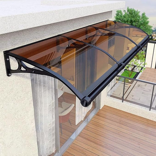 Door Canopy Window Awning Curved Rain Cover, Patio Sun Shetter, Window Awning Rain Shelter, Back Porch Garden Awning, Polycarbonate Cover, Uv Rain Snow Protection-Brown-120x300cm/47x118in