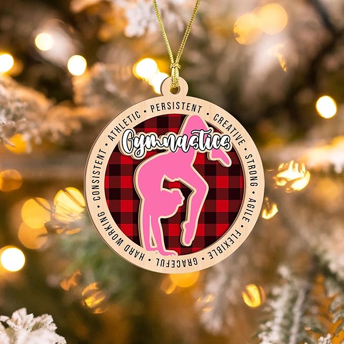 Gymnastics Ornament for Girls – 2-Layer Wooden Christmas Ornament for Gymnasts, Plaid Gymnastics Christmas Tree Decor, Gymnast Gifts for Girls 2025