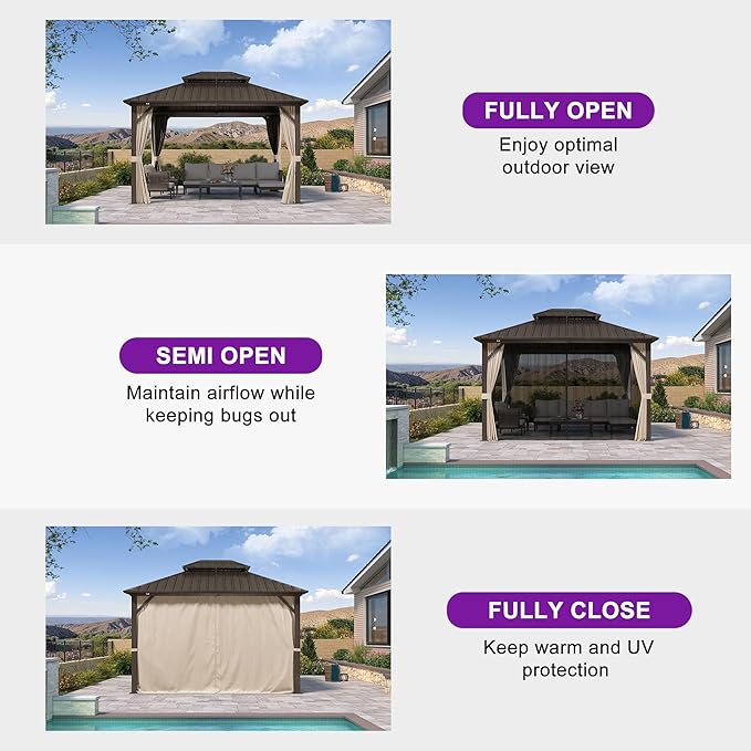 PURPLE LEAF 10’ X 12’ Outdoor Hardtop Gazebo Metal Frame Galvanized Steel Double Roof with Curtains and Nettings for Patio Desk Backyard Bronze