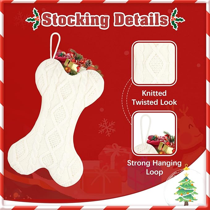 Dog Christmas Stocking, Knit White Christmas Stocking for Dogs, Bone Shape Dog Stocking Christmas Large Pet Stockings Hanging Dog Christmas Stocking for Christmas Decorations