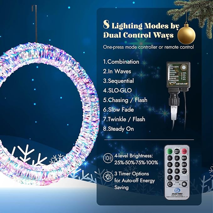 Yescom 3pcs Pre Lit 1700 LED Lighted Christmas Wreath Decoration 110V with Hooks No Drilling for Indoor Outdoor Event Festive Door Wall Decor Holiday Ornament, 2025 Xmas