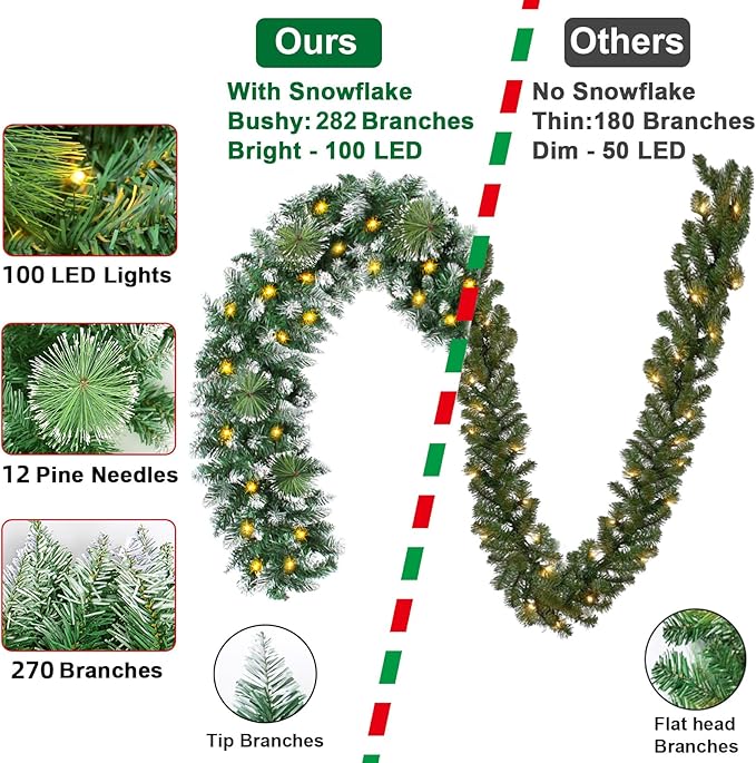 9FT Prelit Christmas Garland with 100 LED Lights Outdoor Lighted Christmas Garland for Mantle, Christmas Lights String Lights with Timer, Snowy Xmas Garland Cedar Bristle Garland