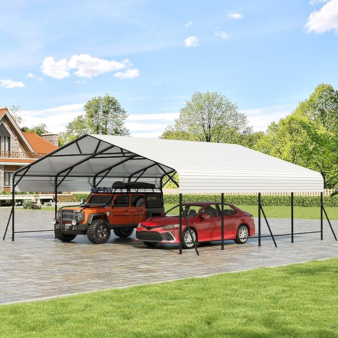 GarveeLife 20x20x9 ft Oversized Metal Carport with Galvanized Steel Roof, Heavy Duty Carport for 2 Cars, Metal Garage for Car, Truck, Tractor, Boat