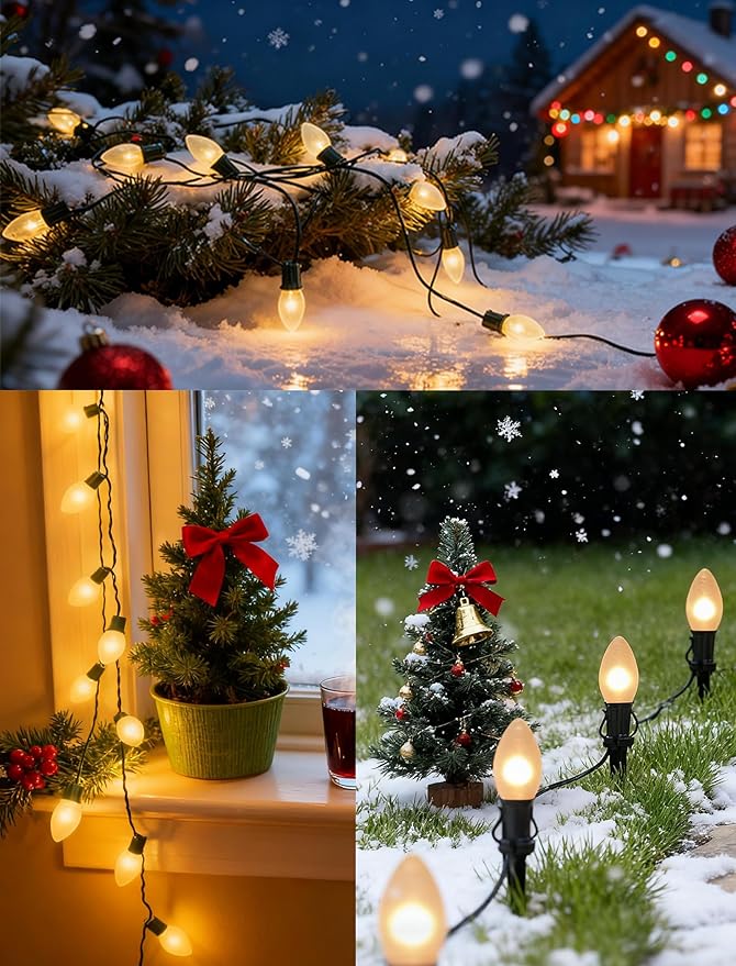25Ft Frosted White Christmas Lights C9 Vintage Christmas String Lights with 26 Frosted White Bulbs(1 Spare) Hanging Outdoor String Lights for Patio Holidays Christmas Prom Party Wedding- Green Wire