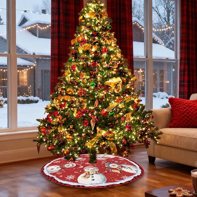 48 Inch Snowman Christmas Tree Skirt – Holiday Tree Mat for 6 to 7.5 Ft Trees, Durable & Soft Christmas Decorations for Home, Living Room, Party, Winter Holiday Decor