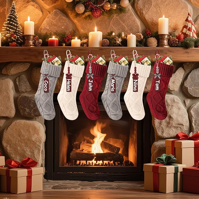 Christmas Stockings 18 Inches,Long Knitted Stocking with Name Tags, Christmas Decoration Hanging Stockings Fireplace Xmas Tree Ornaments for Home Family