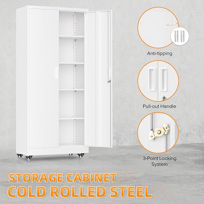 Superday 72¡± Metal Cabinet with Wheels, Lockable Steel Utility Cabinet with 2 Doors and 4 Adjustable Shelves, Tall Storage Cabinets for Garage, Home Office, Kitchen Pantry, Living Room, White