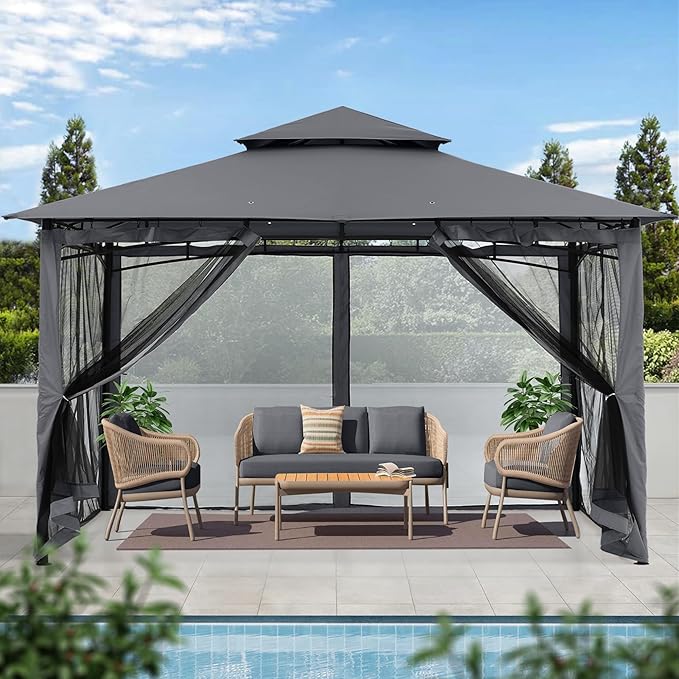 MASTERCANOPY Outdoor Garden Gazebo for Patios with Stable Steel Frame and Netting Walls (10x12,Dark Gray)
