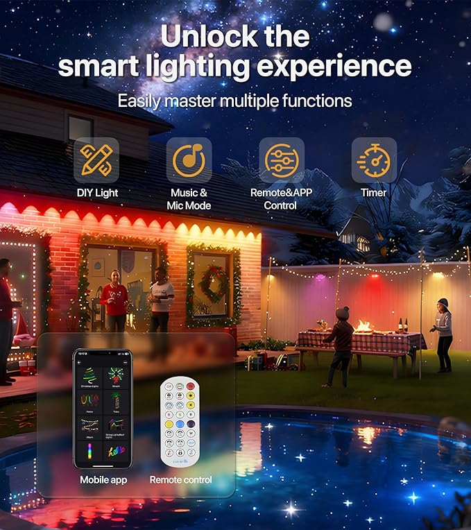 Permanent Outdoor Lights for House: 100FT RGB+IC LED Eave Light with Smart APP & Remote Control, 72 Scene Modes, IP65 Waterproof String Lights-Party, Christmas Decoration(Extension Cord Not Included)