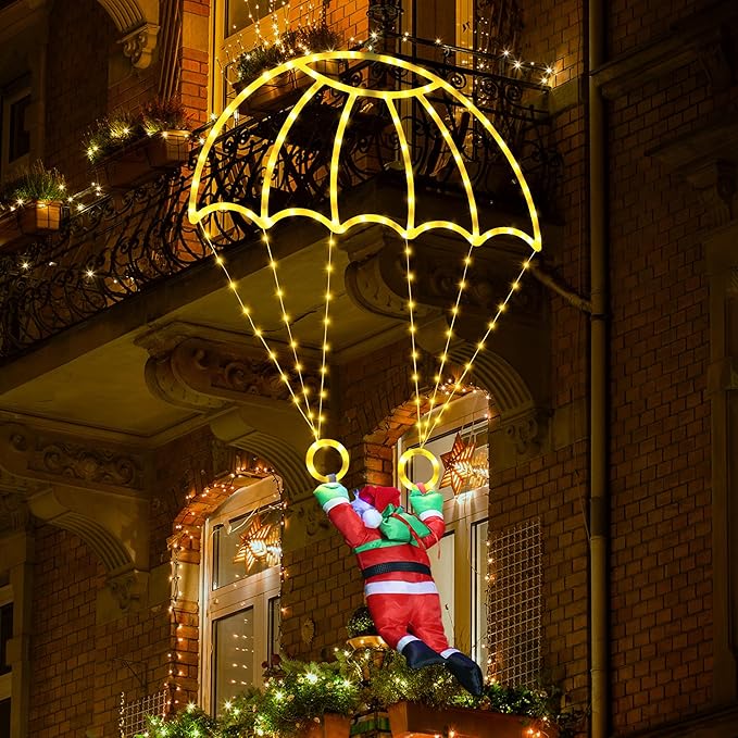 Christmas Decorations Lights Outdoor, 2.8ft LED Christmas Parachute Lights with Santa Claus, 8 Modes & Timer Battery Operated Hanging Xmas Lights for Roof Eave Balcony Home Garden Decor (Warm White)