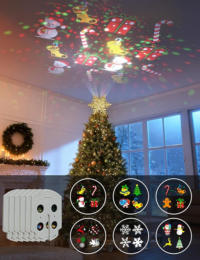 DG-Direct Christmas Tree Topper Lighted with 6 Projected Patterns, Led Rotating Magic Snowflake, 3D Hollow Glitter Lighted Silver Snow Tree Topper for Christmas Tree Decorations, Gold