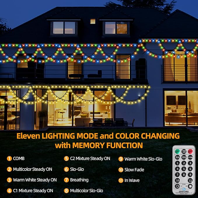 XTF2015 Outdoor Christmas lights Decor 40FT 380 LED Timer Remote Color Changing Christmas Light Extendable 11 Modes, Half Round String Lights for House Roof Eaves Garden Patio(Warm White + Multicolor)