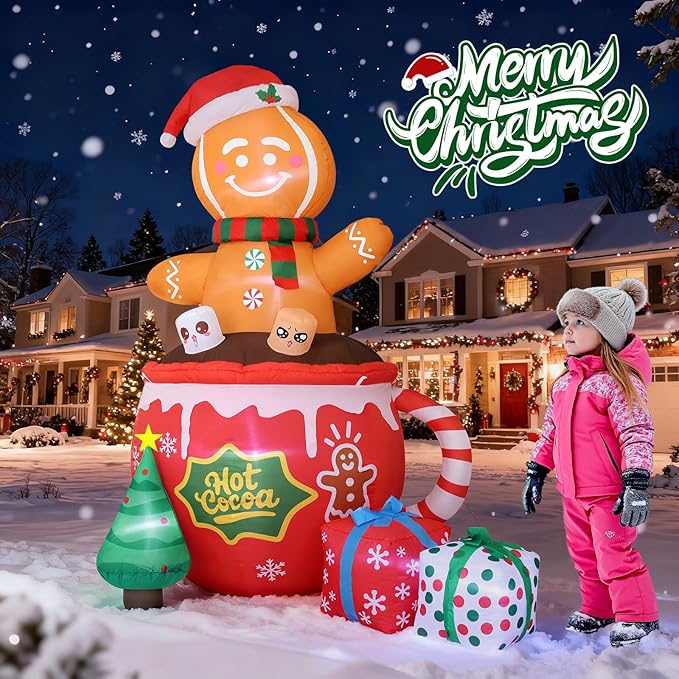 6FT Christmas Gingerbread Blow Up Yard Decorations,Outdoor Christmas Inflatable Decoration with Hot Cocoa Mug Scene,Gingerbread Inflatable for Garden Lawn Xmas Decor