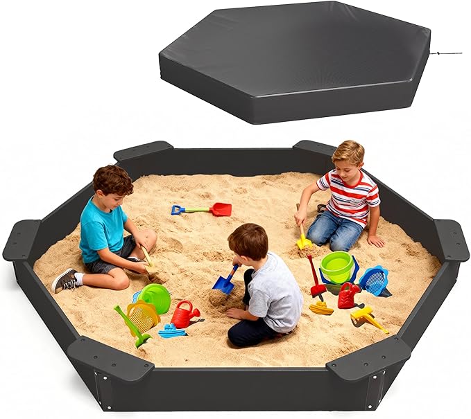 FOOWIN Hexagonal Outdoor Sandbox with Cover for Kids, HDPE Large Sandpit w/6 Benches, for Aged 3-12 Years Old, Sand Box for Children, Bottom Liner,Black