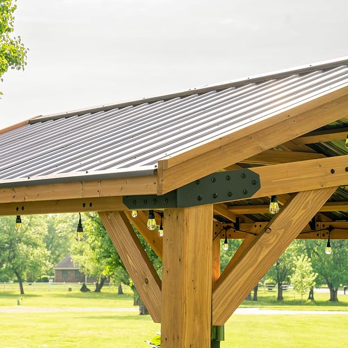 Backyard Discovery Norwood 14' x 10' Cedar Wood Outdoor Gazebo Pavilion with Hardtop Galvanized Steel Peak Roof, Snow Support, Wind Resistance, PowerPort, Shade for Garden, Patio, Deck, Entertaining