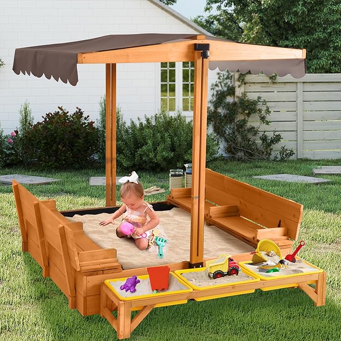 Sand Box with Lid and Cover, 47.2 Square Kids Sandbox with 3 Detachable Toy Bins, 360¡Æ Adjustable Canopy, Foldable Benches & Sand Leak-Proof Liner