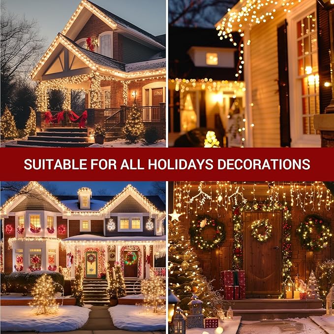 new one 2 Pack Icicle Christmas Lights for Outside Warm White 17.67FT 300 Incandescent Lights, Connectable String Lights with White Wire, 54 Drops