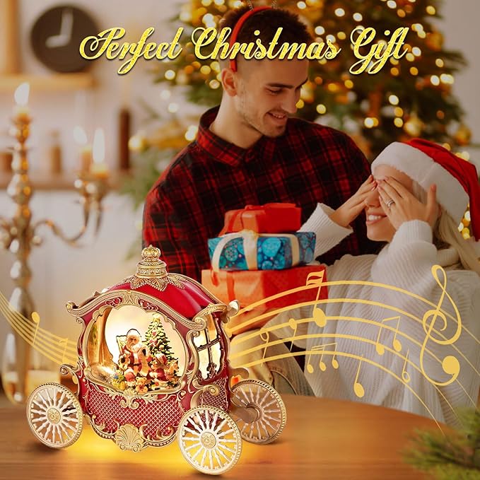 Christmas Snow Globes,Christmas Carriage Snow Globe with 8 Music & Timer, Battery Or USB Cable Powered Operated Glittering for Christmas Table Centerpiece Decoration.Gift- Santa,Christmas Tree