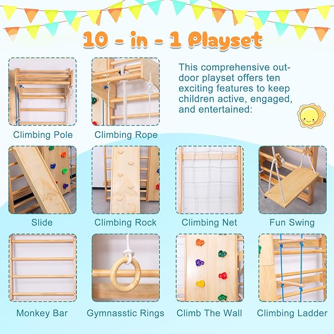 10-in-1 Indoor & Outdoor Wooden Playset for Kids, All-in-One Climbing Playground with Slide, Monkey Bars, Swing, Rock Wall, Climbing Net, Rings & Ladder –Sturdy Backyard Adventure Set for Active Play