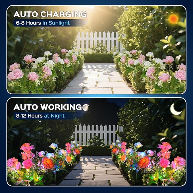 4 Pack Solar Garden Lights Outdoor, Colorful LED Waterproof Solar Powered Rose Flowers Landscape Lights for Outside Yard, Patio, Pathway Decorative, Décor, Gifts, Two Lighting Modes