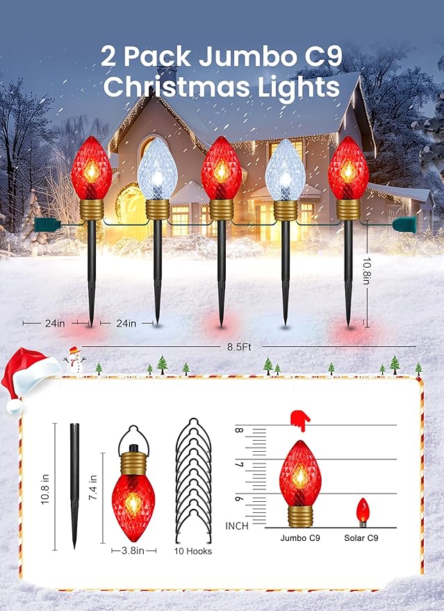 Minetom Jumbo C9 Christmas Pathway Lights Outdoor - 2 Pack 10.5 Feet 5 Lights, C7 Covered Multicolor Bulb Decorations for Lawn Outside, Red & Cool White