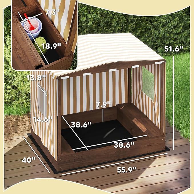 Qaba Kids Wooden Sandbox with Canopy, Large Wood Sand Pit with Mesh Door, 2 Bench Seats, Bottom Liner, Outdoor Snad Box for Backyard, Garden, Patio, Beach, Brown