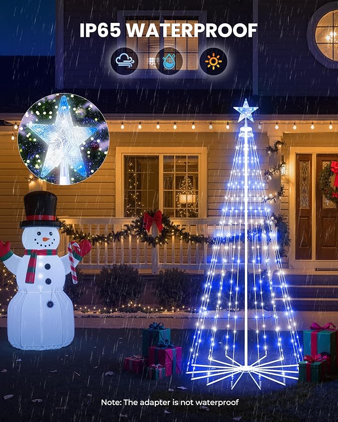 Christmas Cone Tree Light, 7ft 295 LED Light Show Christmas Tree with 8 Modes Timer Remote, Dimmable Artificial Christmas Tree for Porch Yard Patio Indoor Outdoor Xmas Holiday Decor, Blue & White
