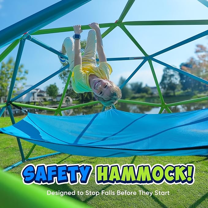 Zupapa 10FT Climbing Dome with Hammock, Outdoor Jungle Gym for Kids, Geometric Dome Climber Supporting 1000LBS Outdoor Play Equipment, Cyan&Green