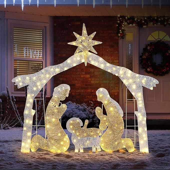 Yescom 6Ft Manger Nativity Scene Outdoor Garden Jesus Decoration Christmas Pre-lit 3D Artificial for Patio Yard Party Event Holiday Display with 190 LED Lights Silver Warm White