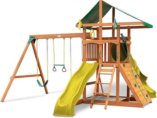 Gorilla Playsets 01-1073-Y Outing Wood Swing Set with Green Vinyl Tarp & Twisted Tube Slide - Yellow Slides, Amber