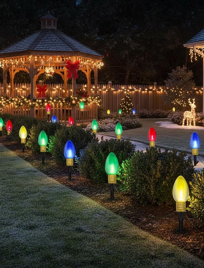 Christmas Lights Jumbo C9 Outdoor Lawn Decorations with Pathway Marker Stakes, 2 Pack 7 Feet String Lights with Transparent Multicolored Light Bulb for Holiday Outside Yard Garden Decor, 8 Lights