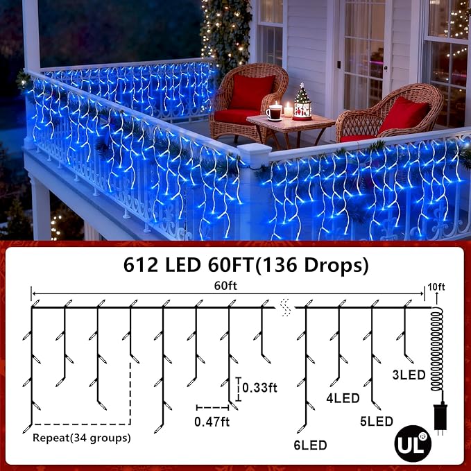 612 LED String lights Indoor Outdoor, 60ft Christmas Window Lights with 136 Drops 12 Modes, Dimmable Curtain Lights, Fairy Lights for Bedroom Holiday Wedding Party Home Xmas Decorations, Blue