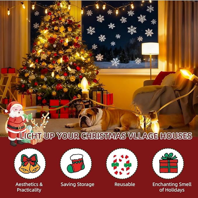 Christmas Village Lights with 4 LED Warm White Bulbs, C7 Light Cord for Christmas Village Houses, Pumpkin Crafts, Halloween & Holiday Decorations
