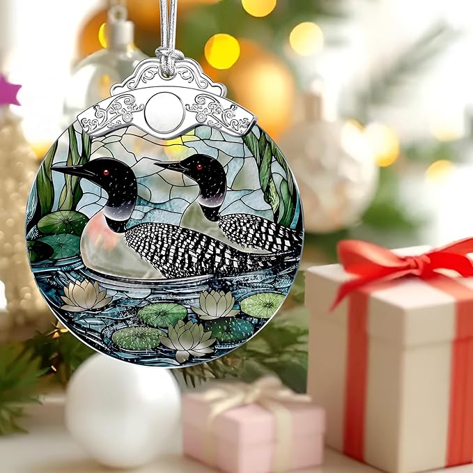 Loon Birds Stained Glass Ornament, Christmas Ornaments – Christmas Tree Ornament, Holiday Decor, Xmas Stocking Stuffers, Gift Idea, Gifts for Bird Lover, Coworker, Friend, and Family
